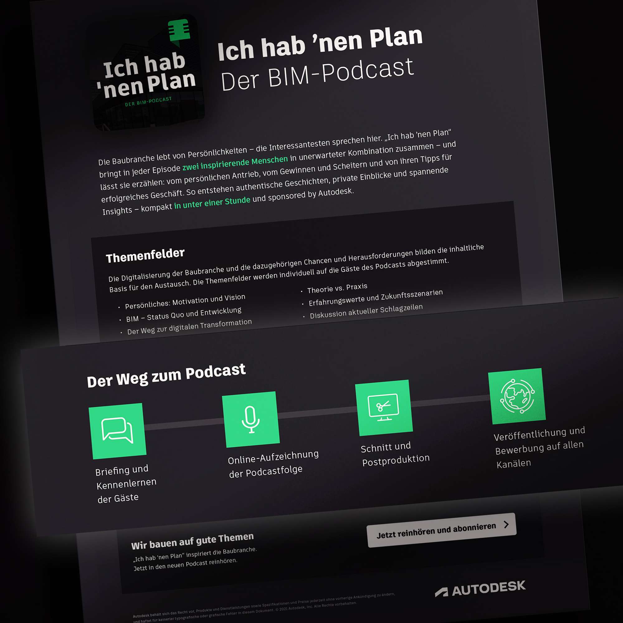 Screenshot der Landingpage des „Ich hab ’nen Plan“-Podcasts, auf dem erklärt ist, in welchen Schritten der Podcast entwickelt wurde