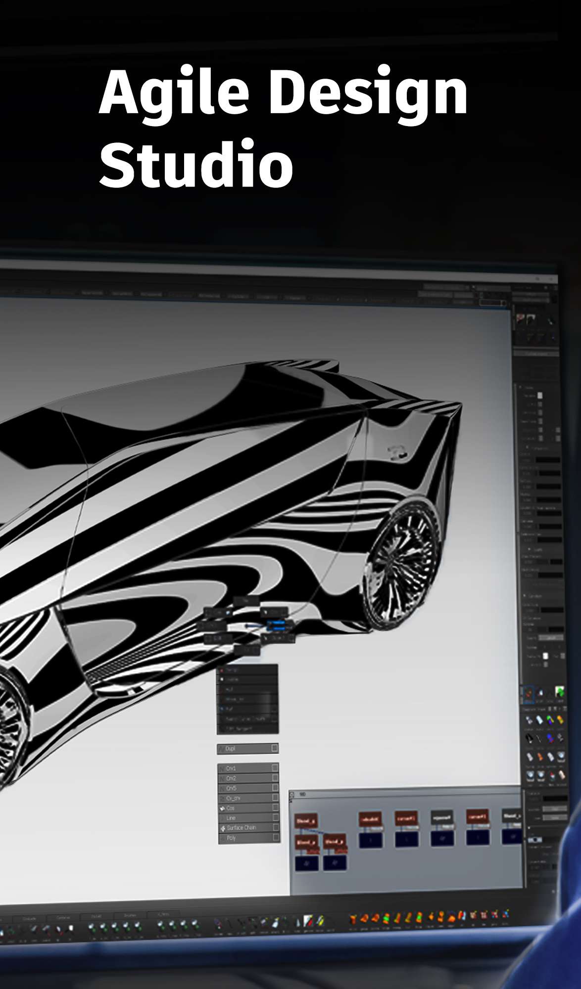 Screenshot von Photoshop, wo gerade ein Bild eines futuristischen Autos bearbeitet wird. Das Bild trägt den Titel