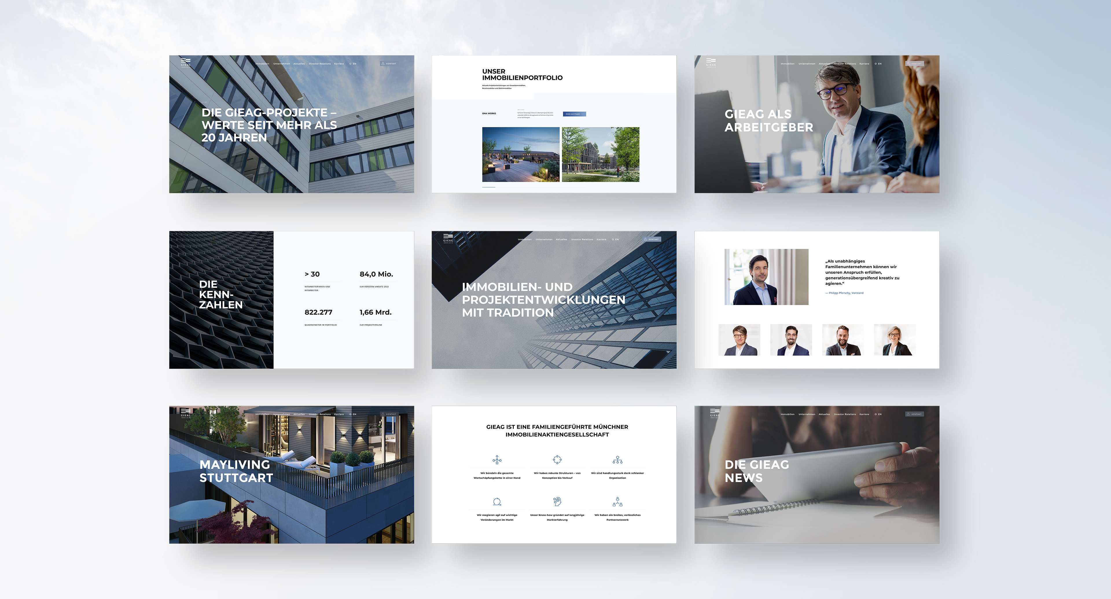 9 Screenshots von der GIEAG-Website im Viereck angeordnet: Diverse Unterseiten mit Unternehmenskennzahlen, Arbeitgeberseite, Teambildern und weiteren Informationen