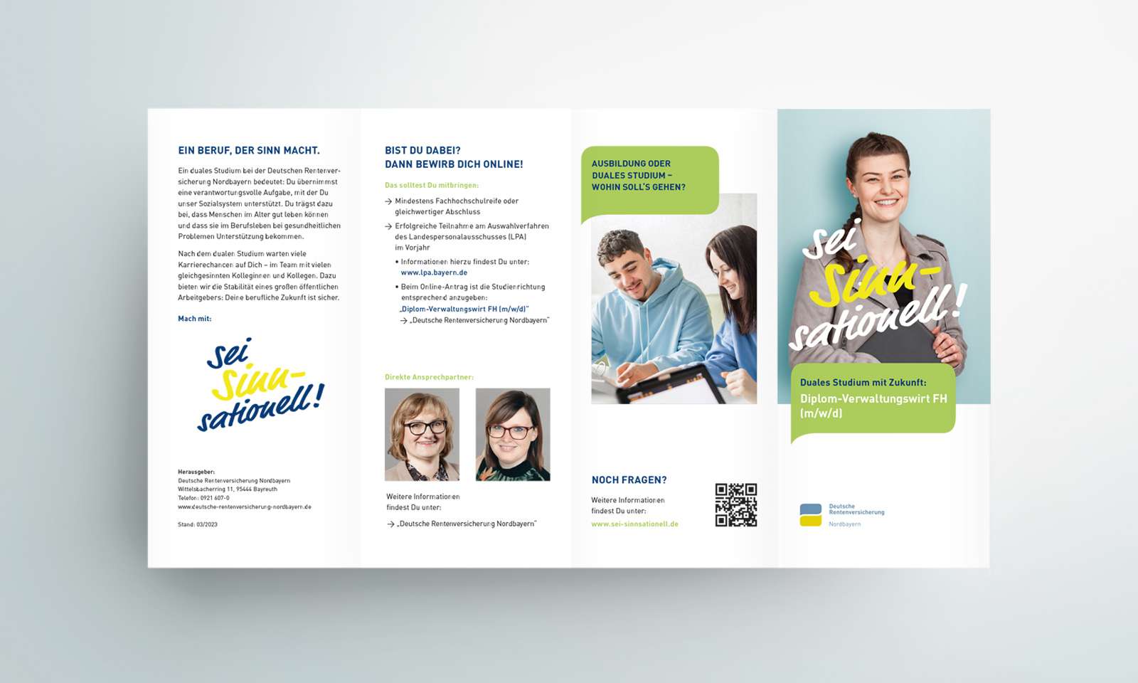 Aufgeklappter Flyer der DRV Nord Personalkampagne, der ein Duales Studium bewirbt und nähere Informationen zum Beruf und zum Bewerbungsprozess enthält