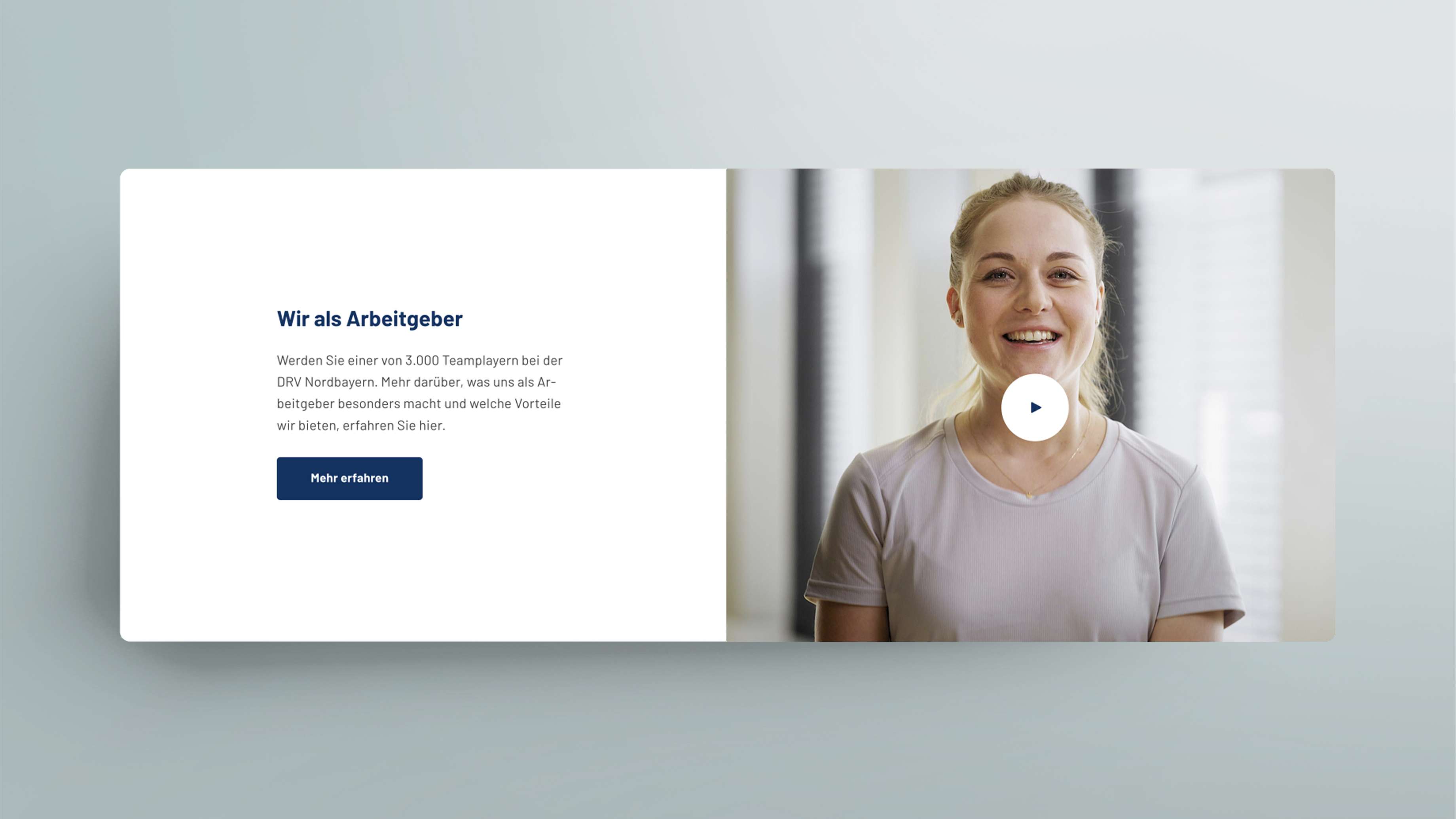 Screenshot des Arbeitgebervideos auf der Website zur DRV Nord Personalkampagne mit begleitendem Text „Wir als Arbeitgeber“ und einem Button „Mehr erfahren“