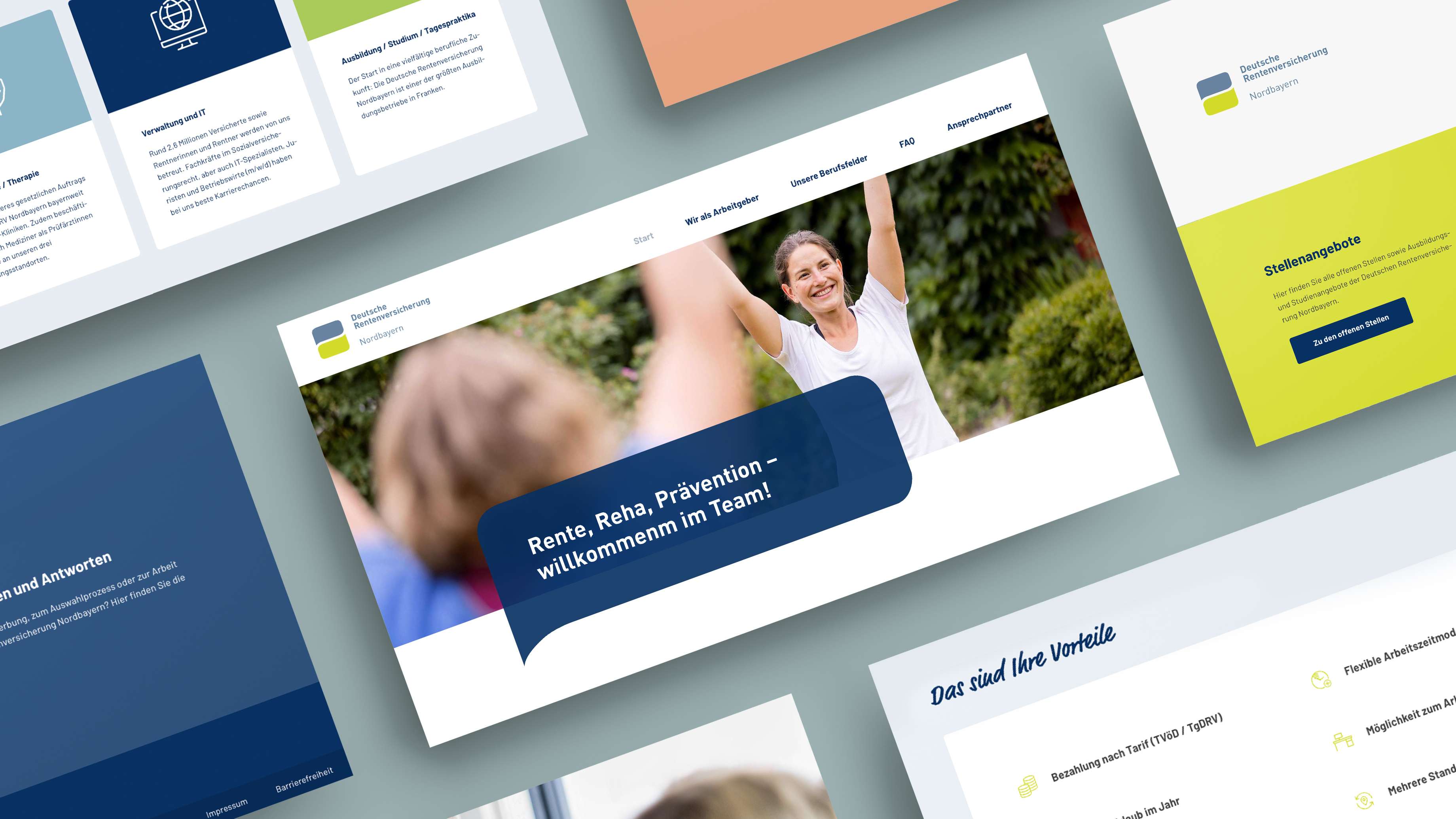 Mehrere Screenshots von der Website zur DRV Nord Personalkampagne, die u.a. das Headerbild, eine Liste mit Vorteilen und Stellenangebote enthalten