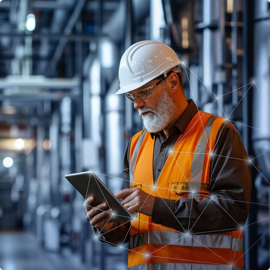 Ein Ingenieur mit Helm und Warnweste prüft auf seinem Tablet wichtige Parameter der physischen Resilienz in seiner Industrieanlage.