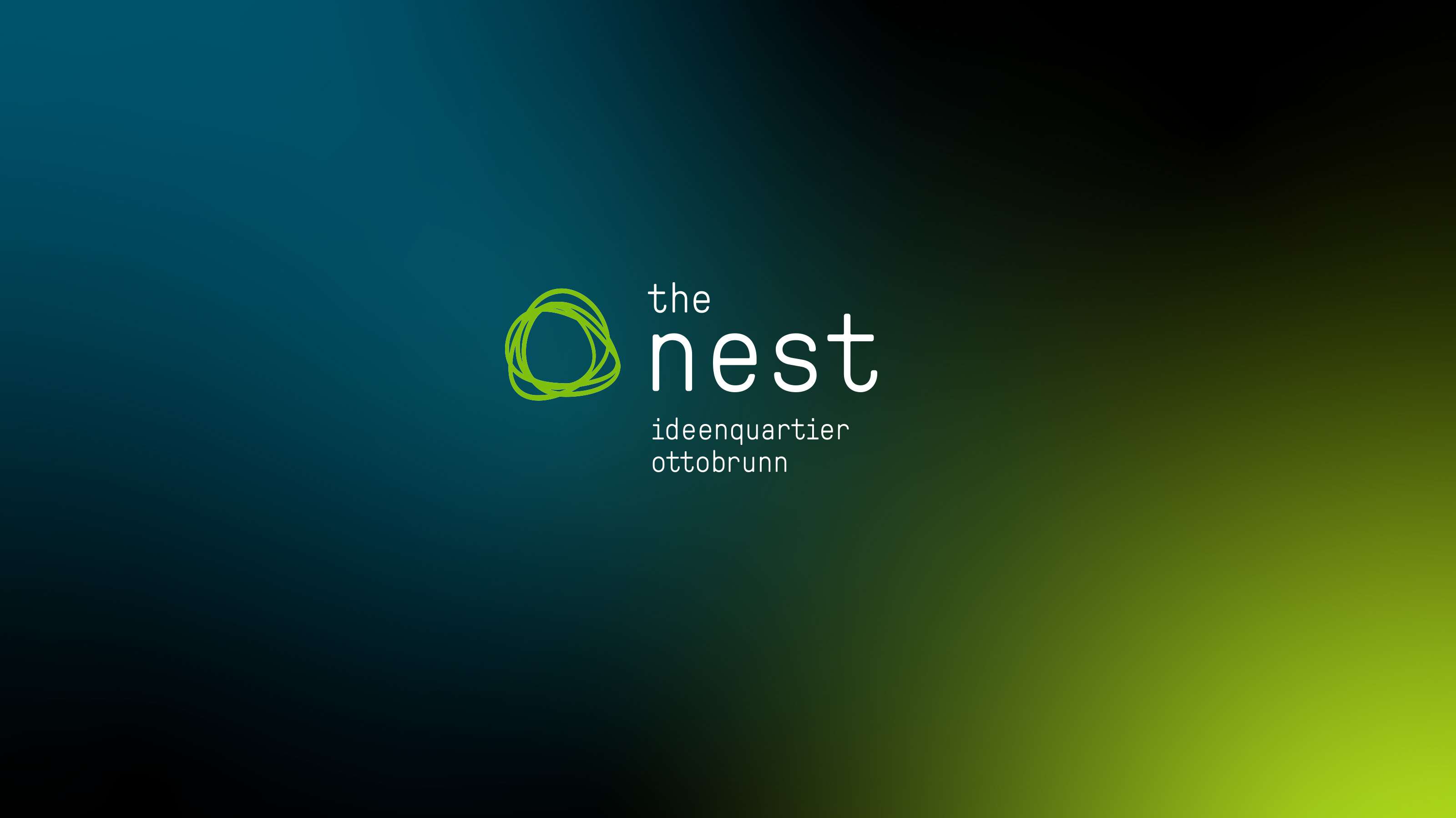Das Logo von The Nest mit Unterzeile auf farbigen Hintergund mit Verlauf