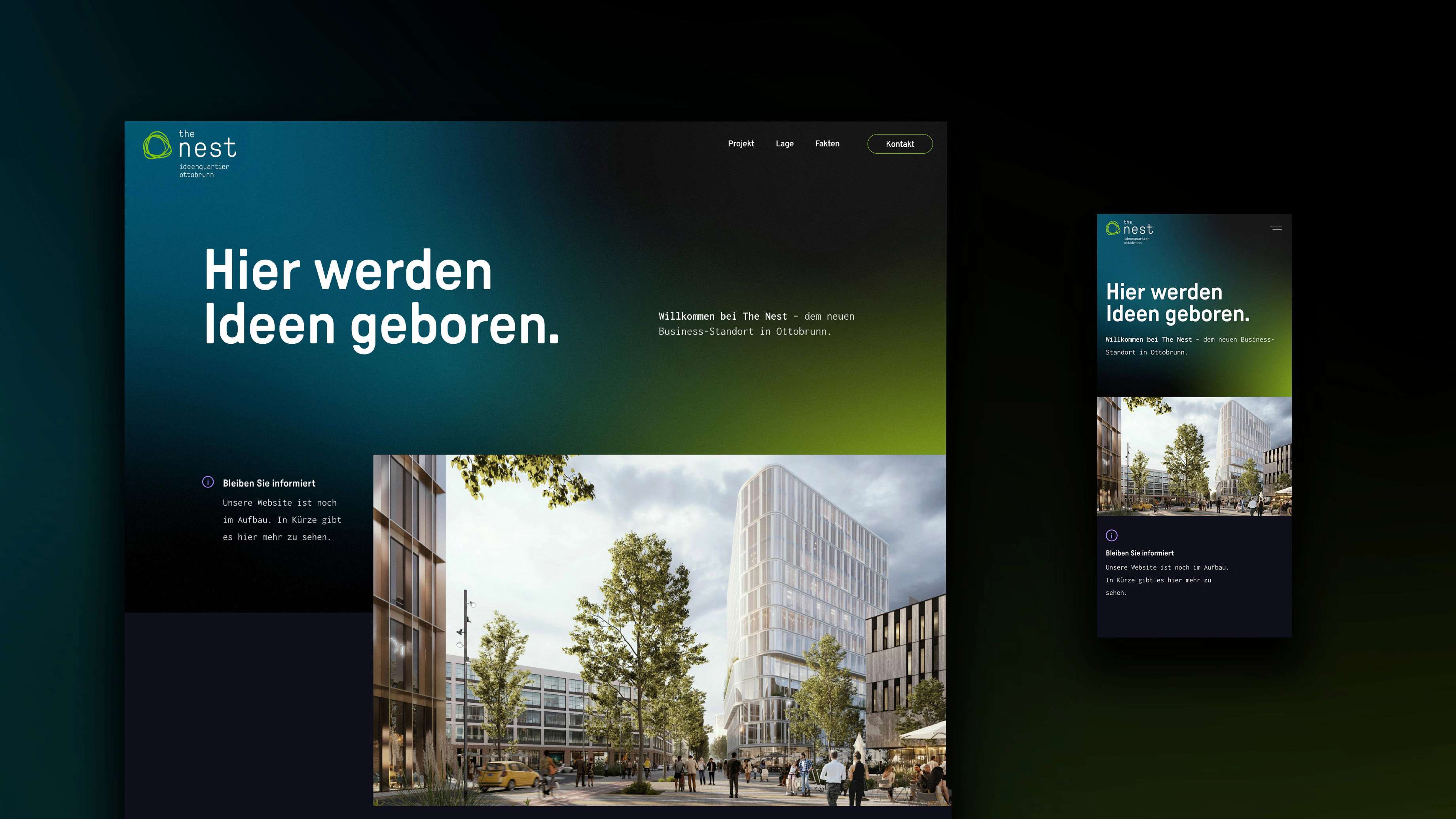 Mockup der Startseite von The Nest und einem herangezoomten Ausschnitt auf schwarzer Fläche