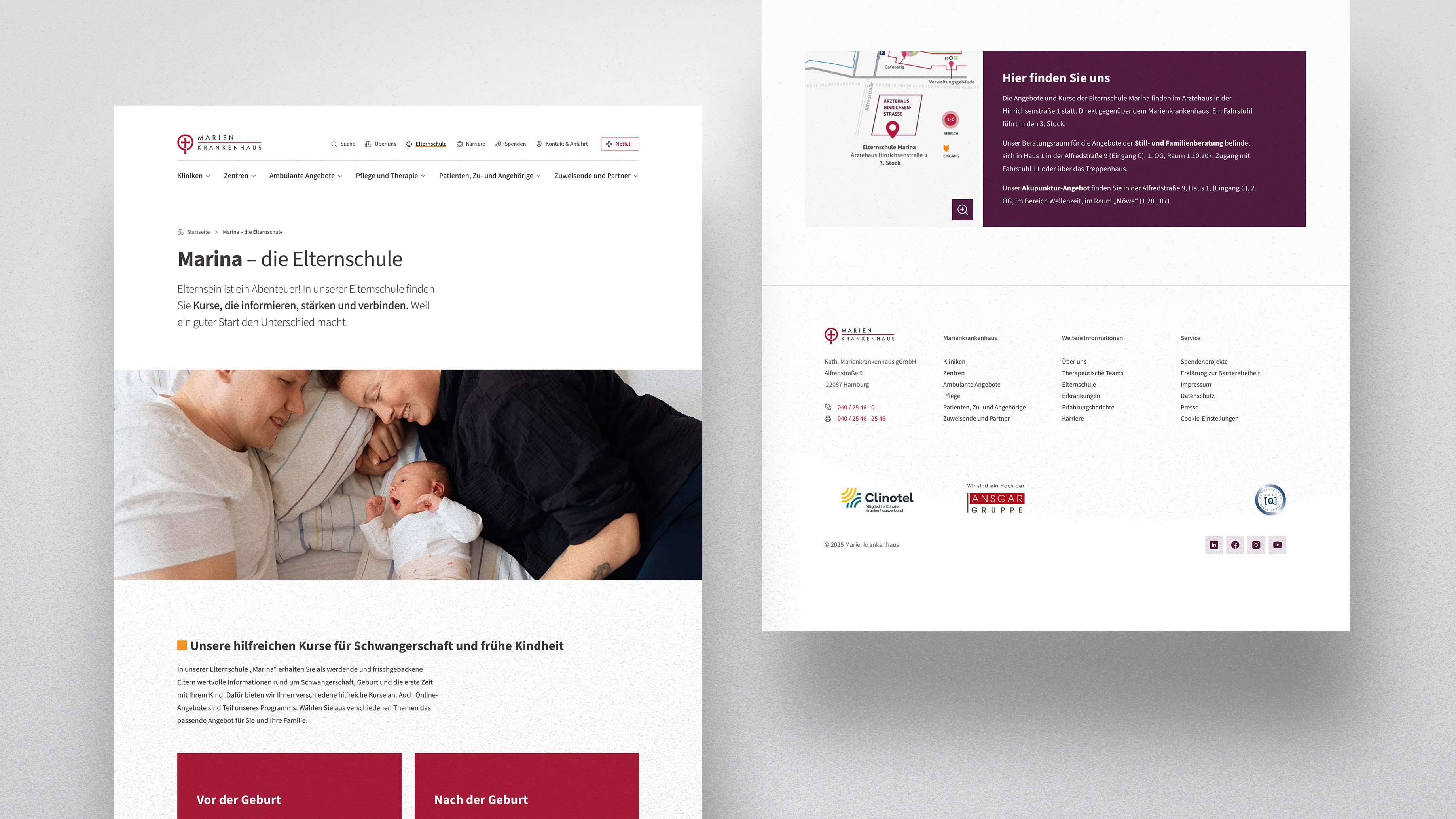 Webseite über ein Klinikangebot der Abteilung Geburtshilfe, man sieht eine Familie mit Neugeborenem und Kontaktinformationen.