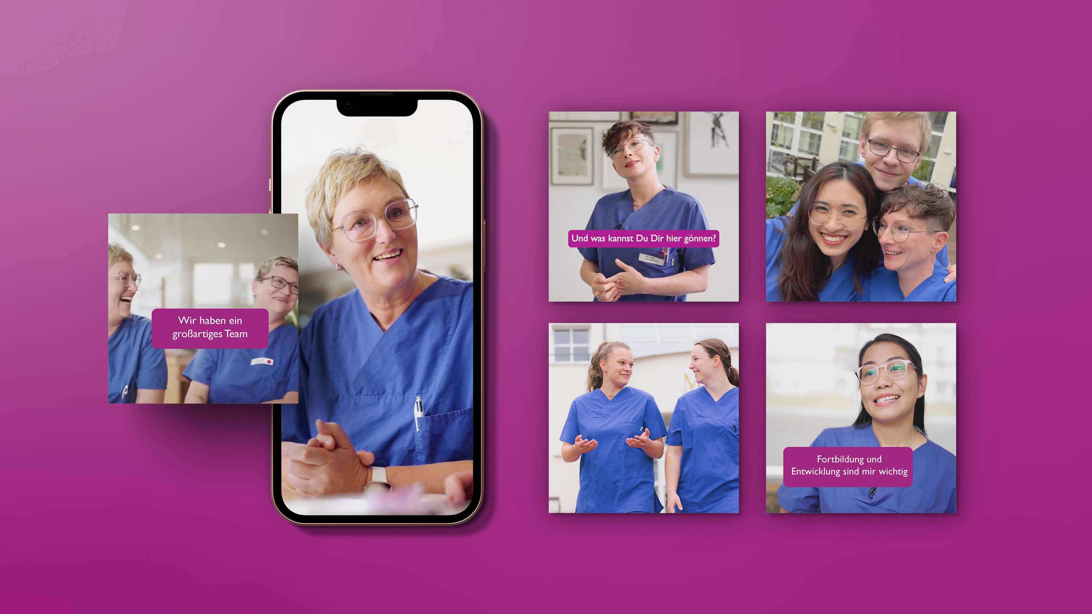 Eine Collage mit Screenshots aus den Videos, die für die Personalkampagne der Moritz Klinik produziert wurden. Abgebildet sind verschiedene Pflegekräfte in blauen Kasaks mit den Aussagen “Wir haben ein großartiges Team”, “Und was kannst Du Dir hier gönnen?” und “Fortbildung und Entwicklung sind mir wichtig”.