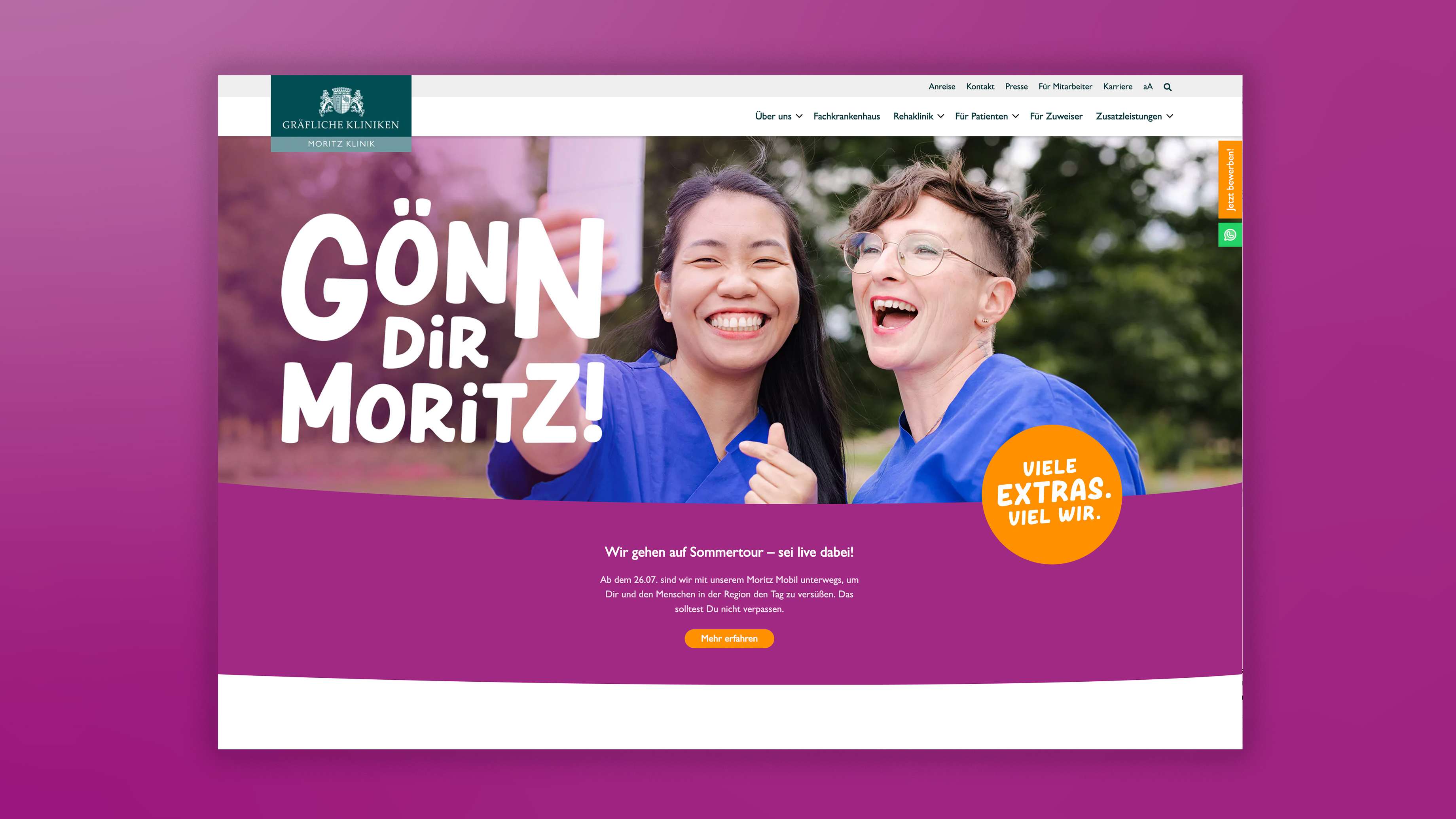 Ein Screenshot der Landingpage der Personalkampagne der Moritz Klinik. Das Headerbild zeigt zwei lachende Frauen, die gerade ein Selfie von sich machen. Links steht groß die Headline “Gönn dir Moritz!”.