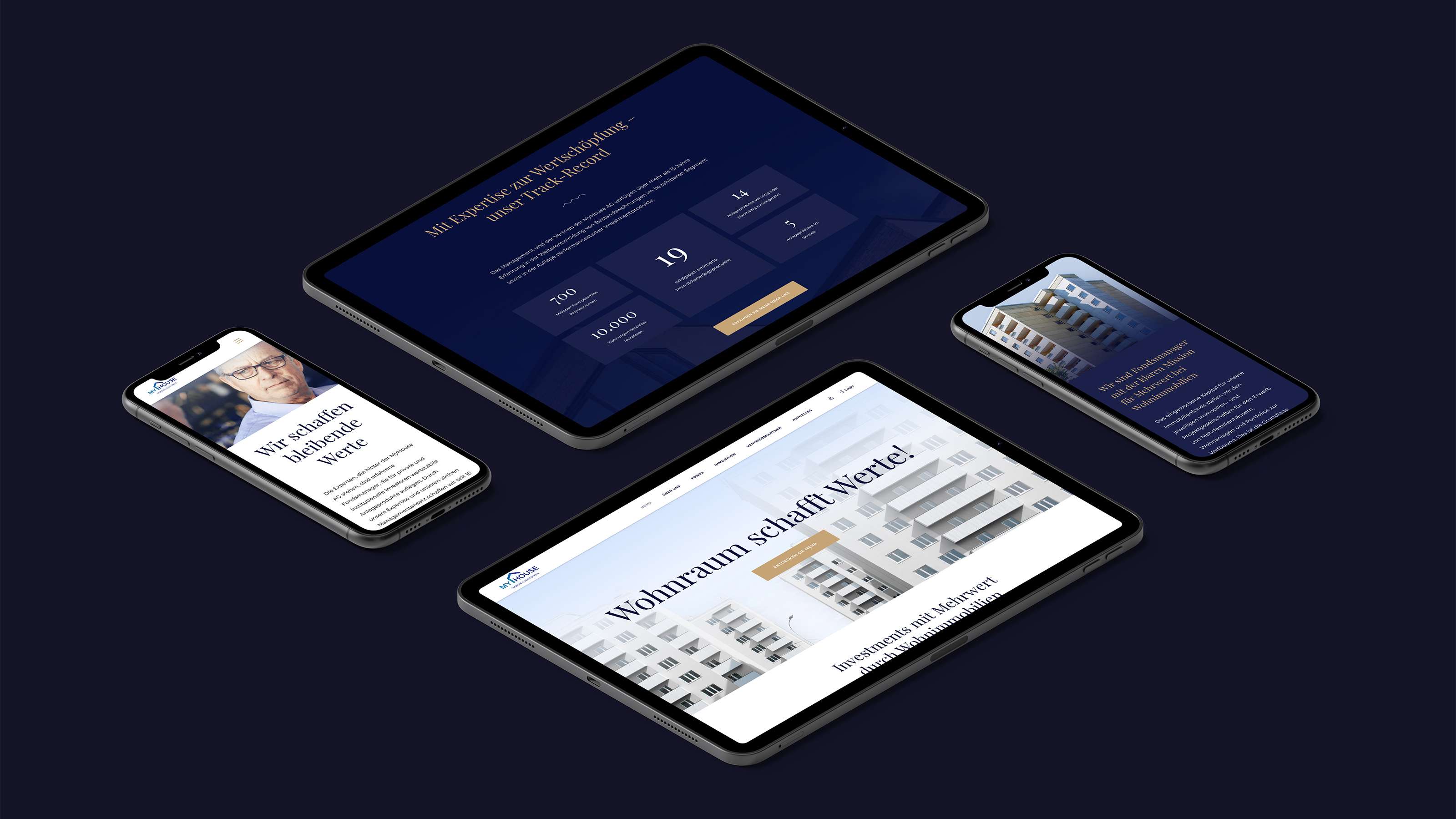 Mockups mehrerer Ansichten der Website von My House in Smartphones und Tablets: Unternehmenszahlen, Missionstatement, Headerbild