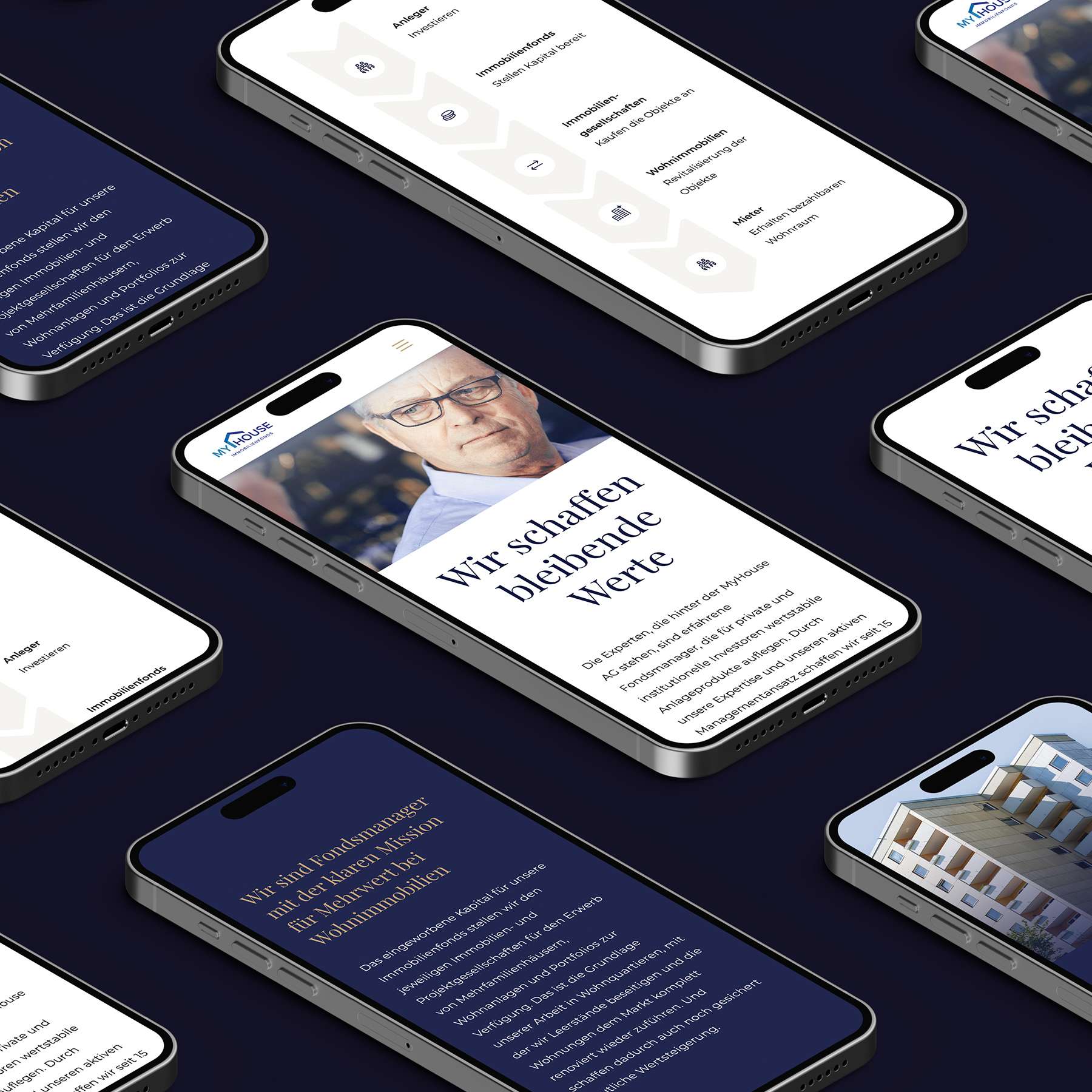Mockups mehrerer Ansichten der Website von My House in Smartphones: Unternehmenszahlen, Missionstatement, Headerbild