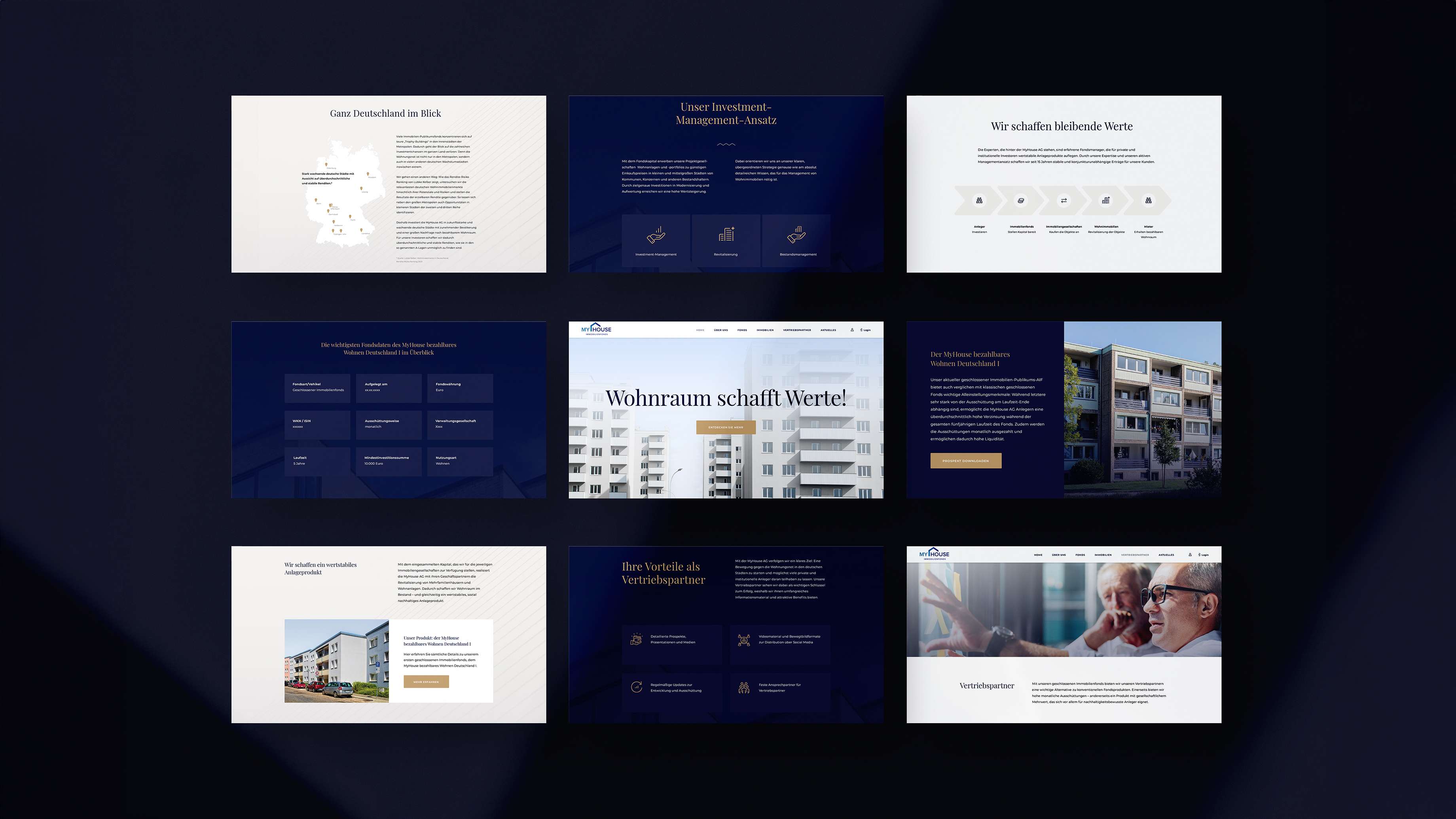 Screenshots mehrerer Ansichten der My House Website: Unternehmenszahlen, Missionstatement, Headerbild und weitere Ansichten von Contentblöcken