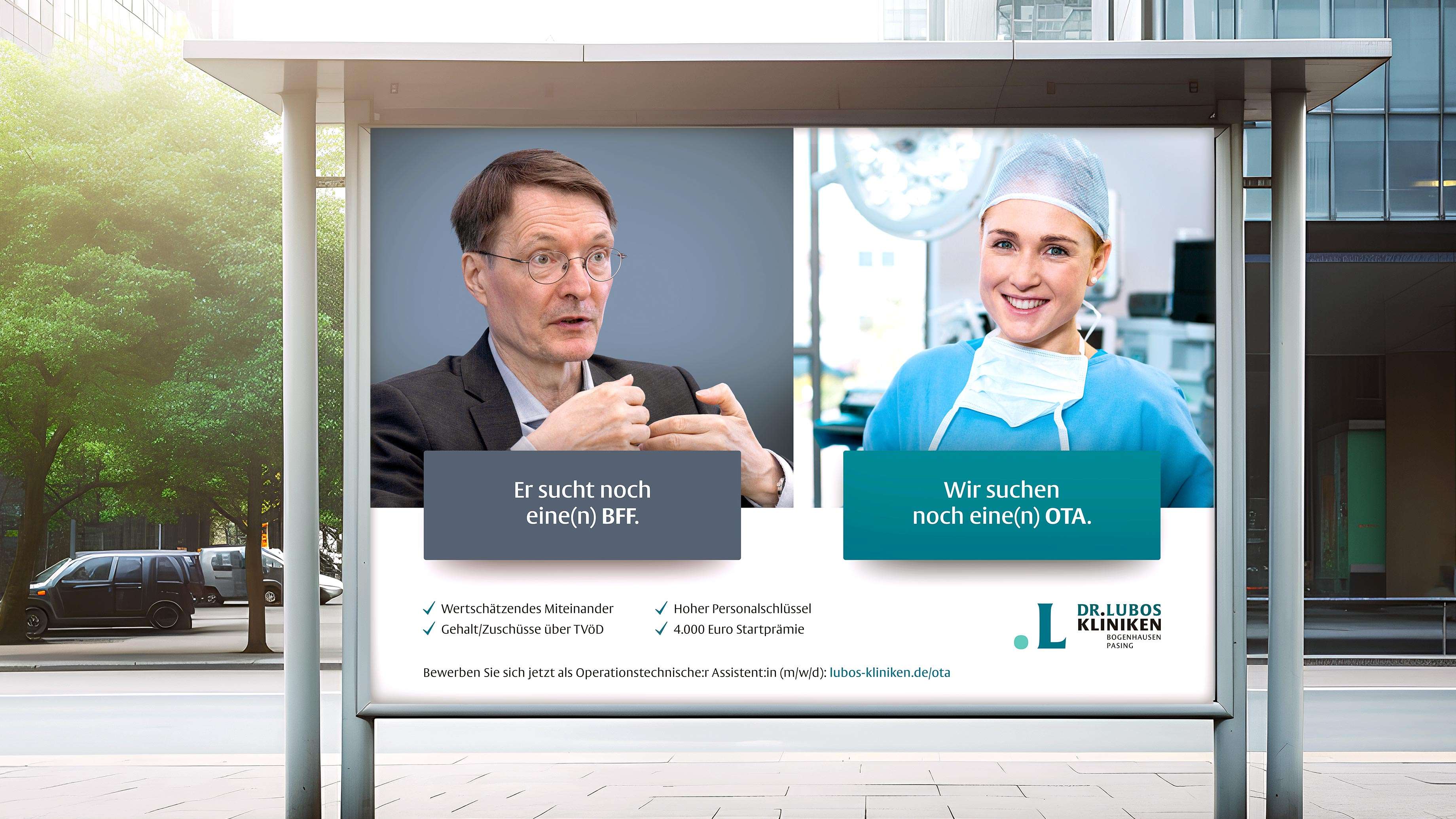 Mockup einer Bushaltestelle, zu sehen ist das Motiv der Kampagnenfortführung mit Fotos von Gesundheitsminister Dr. Lauterbach und einer weiblichen OP-Schwester