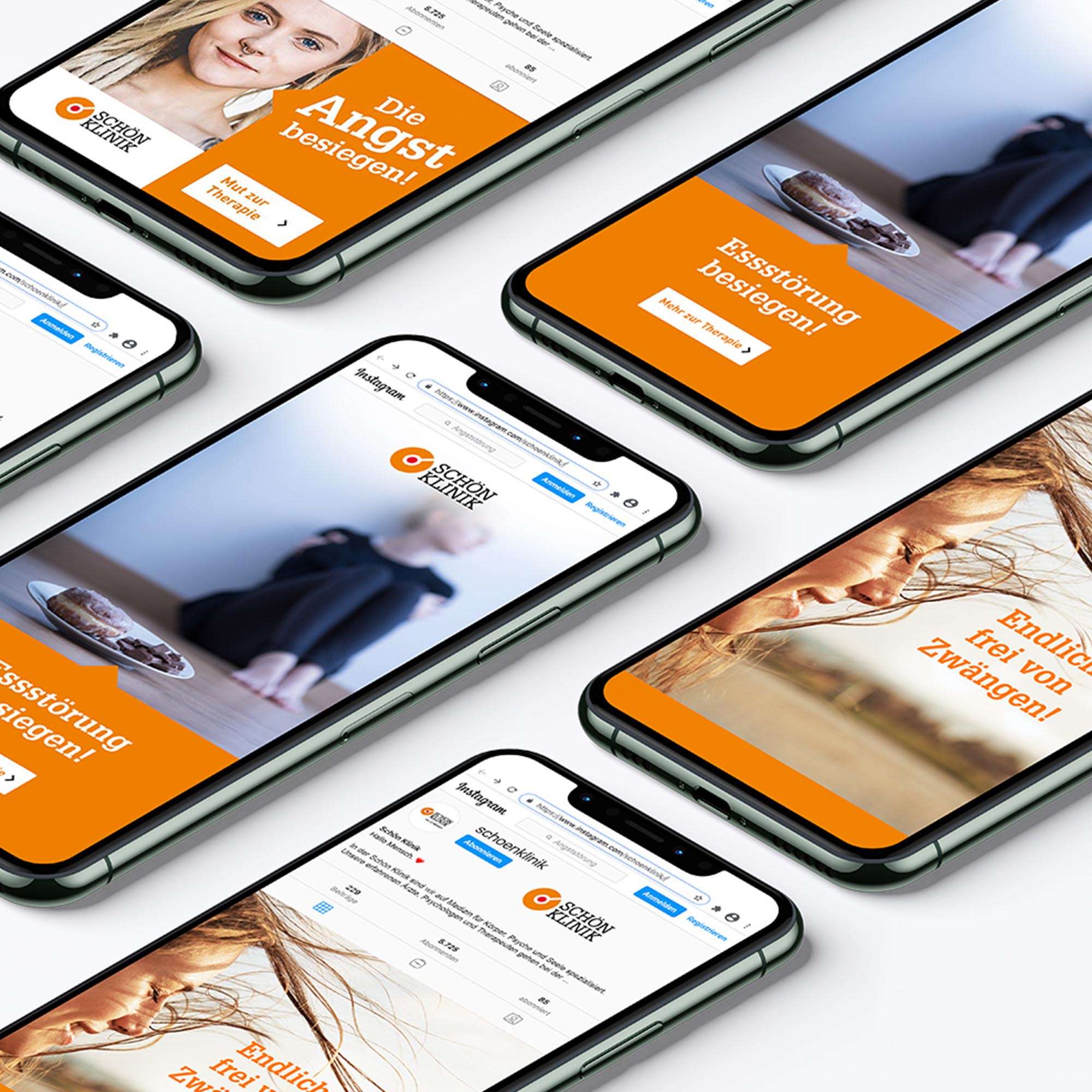 Mockup mehrerer Ansichten zu Motiven aus der Social Media Kampagne der Schön Klinik in Smartphones zu mehreren psychischen Erkrankungen (Esstörung, Zwangsstörungen)