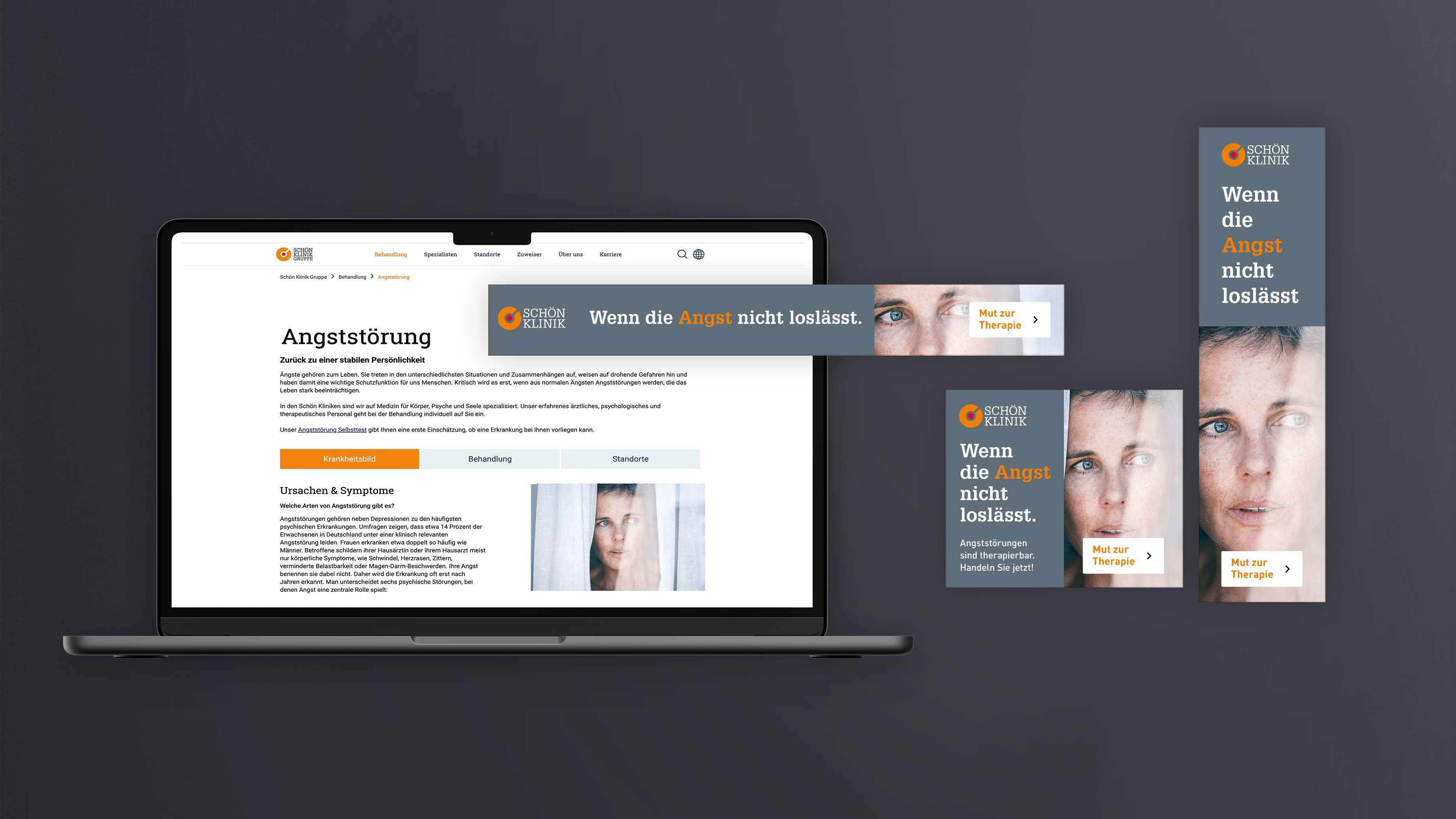Screenshots von Ads und Bannern in unterschiedlichen Formaten der Schön Klinik zum Thema Angststörung neben einem Mockup der Website der Schön Klinik zum Thema Angststörung in einem MacBook. Text auf den Ads: „Wenn die Angst nicht loslässt“