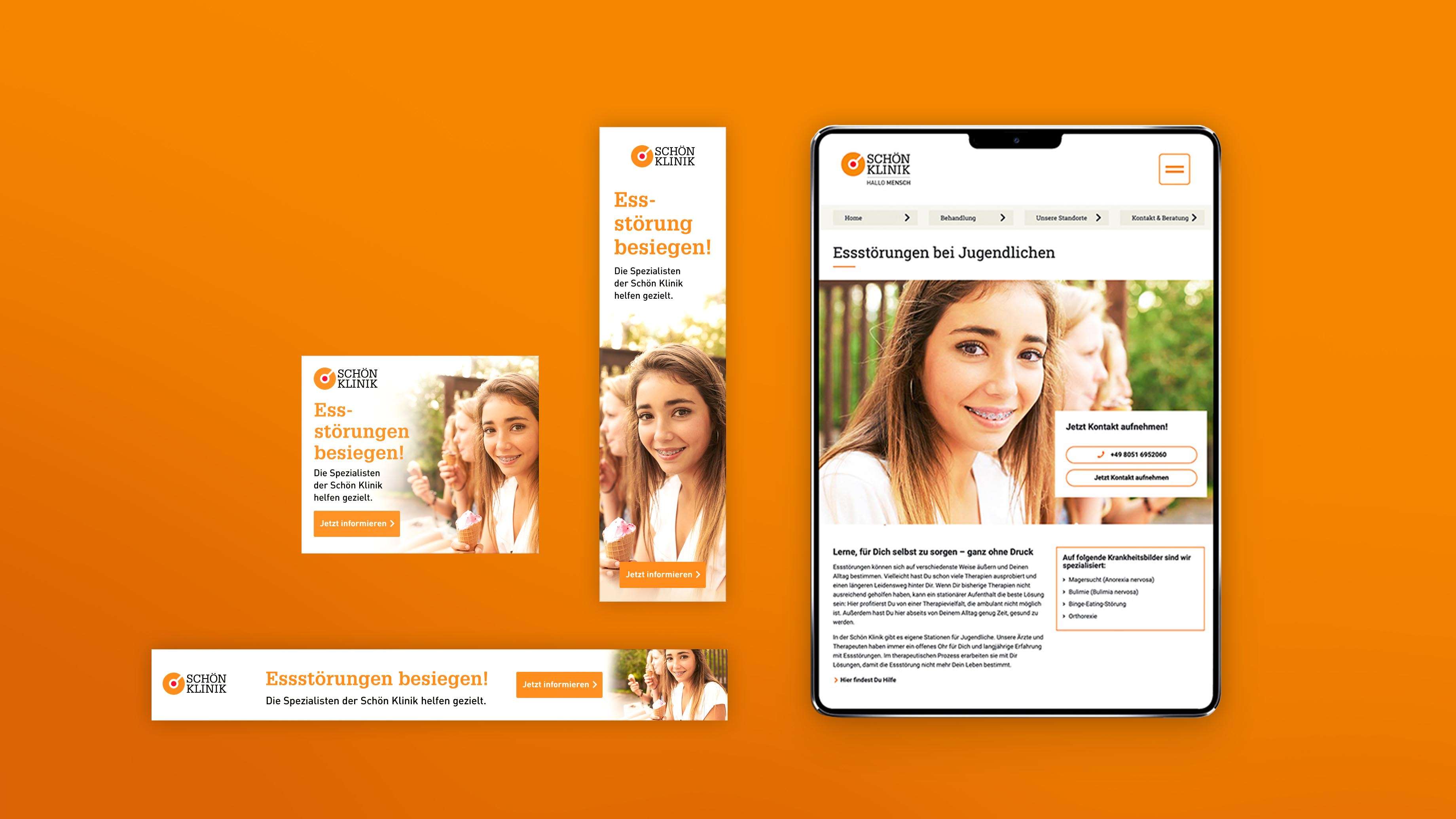 Screenshots von Ads und Bannern der Schön Klinik zum Thema Essstörung in unterschiedlichen Formaten neben einem Mockup der Website der Schön Klinik zum Thema Esstörung in einem Tablet. Text auf den Ads: „Essstörungen besiegen!“