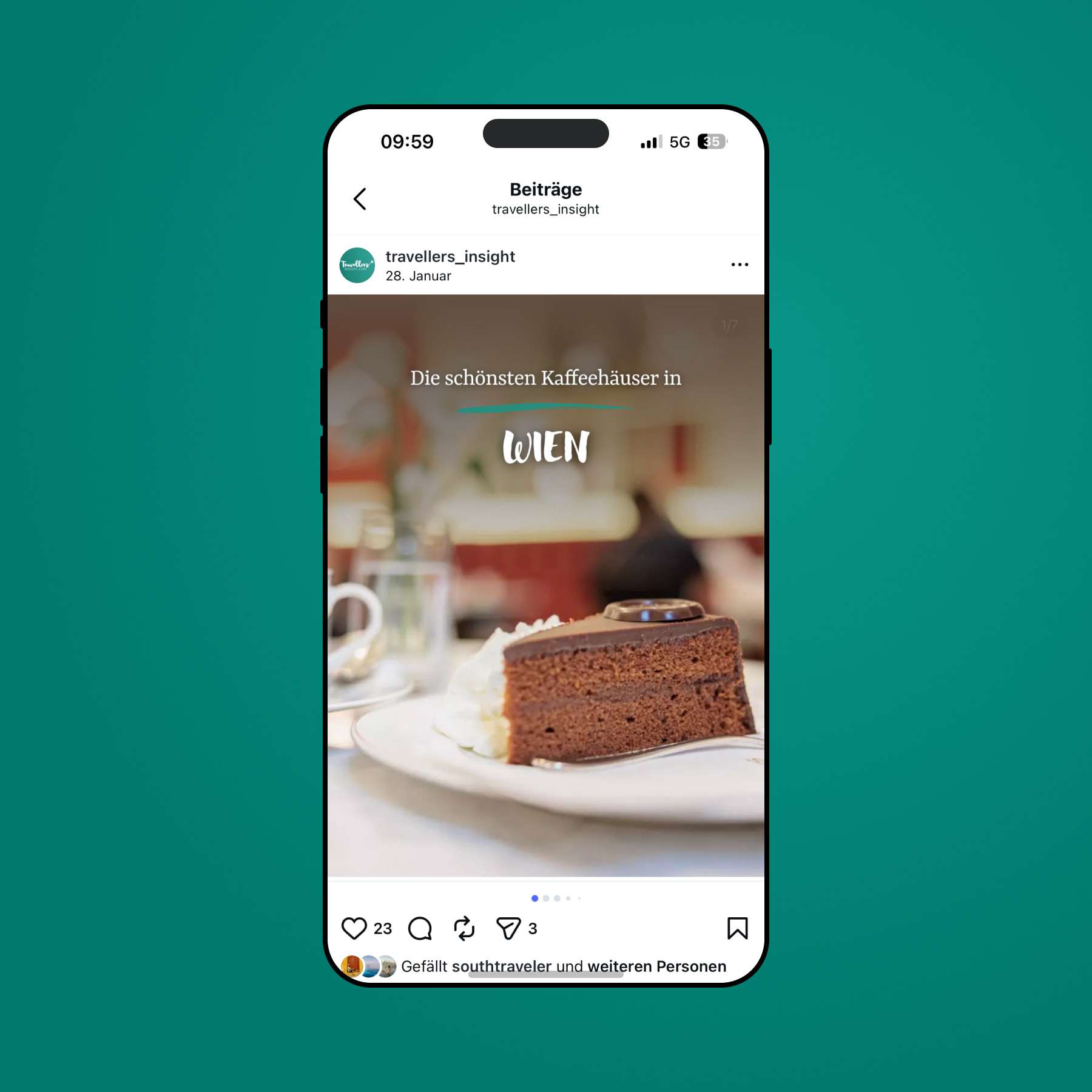 Handybildschirm mit Instagram-Post über die schönsten Kaffeehäuser in Wien und einem Stück Schokoladenkuchen auf einem Teller.